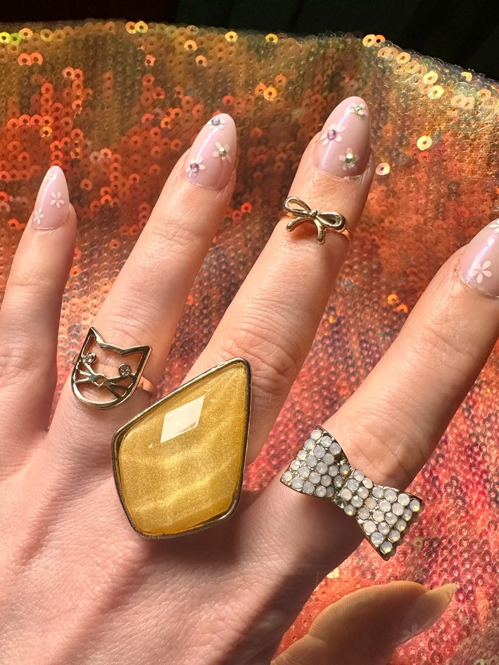 UO • Gold Tone Cat, Bow, Ribbon and Rhinestone Ring Bundle